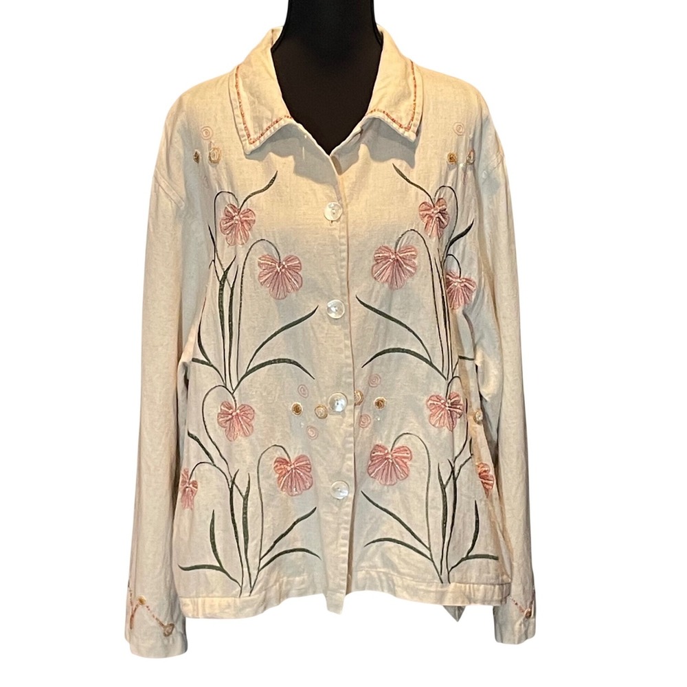 Tantrums Beige Cotton Linen Floral Embroidered Beaded Button Shirt L Morí Kei